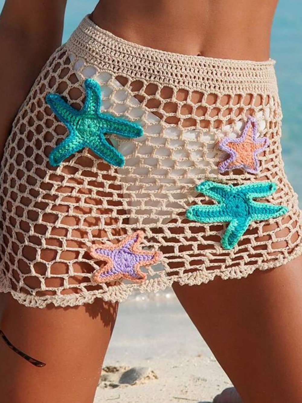 Crochet Beach Cover-Up Skirt with Starfish Appliqués - Beige & Turquoise